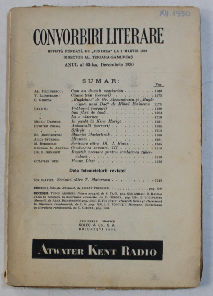 CONVORBIRI LITERARE  - REVISTA FUNDATA DE ' JUNIMEA ' LA MARTIE 1867 , ANUL AL 63 - LEA , DECEMBRIE , 1930