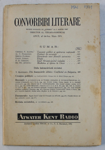 CONVORBIRI LITERARE  - REVISTA FUNDATA DE ' JUNIMEA ' LA MARTIE 1867 , ANUL AL 64 - LEA , MAIU  , 1931