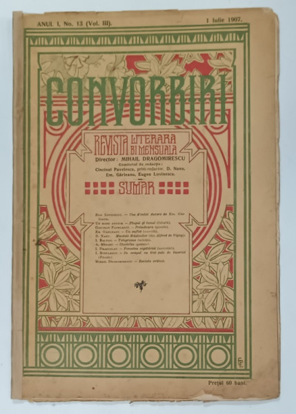 CONVORBIRI , REVISTA LITERARA BI MENSUALA , NR. 13 , 1907