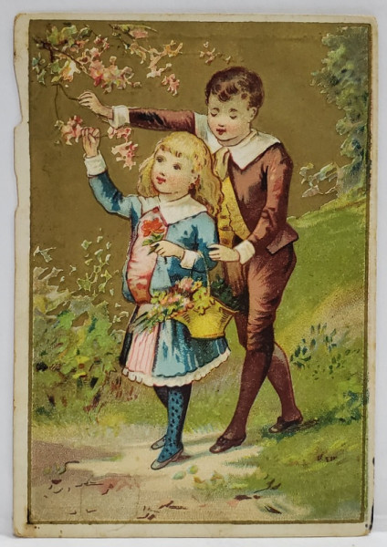 COPII CULEGAND FLORICELE , CARTOLINA DE RECLAMA  PARFUMERIEI ' T.C. ZAMPHIRESCU ' , BUCURESTI , TEXT IN LIMBA ROMANA , CROMOLITOGRAFIE , INTERBELICA