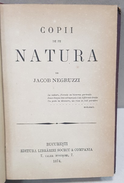 COPII DE PE NATURA de IACOB NEGRUZZI - BUCURESTI 1874