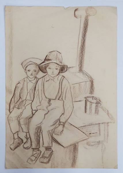 COPII LA GURA SOBEI  - DESEN CU AUTOR NECUNOSCUT , ANII '70