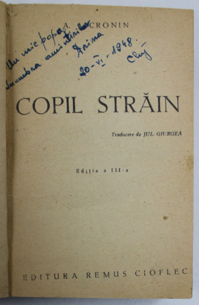 COPIL STRAIN de A. J. CRONIN , EDITIE INTERBELICA