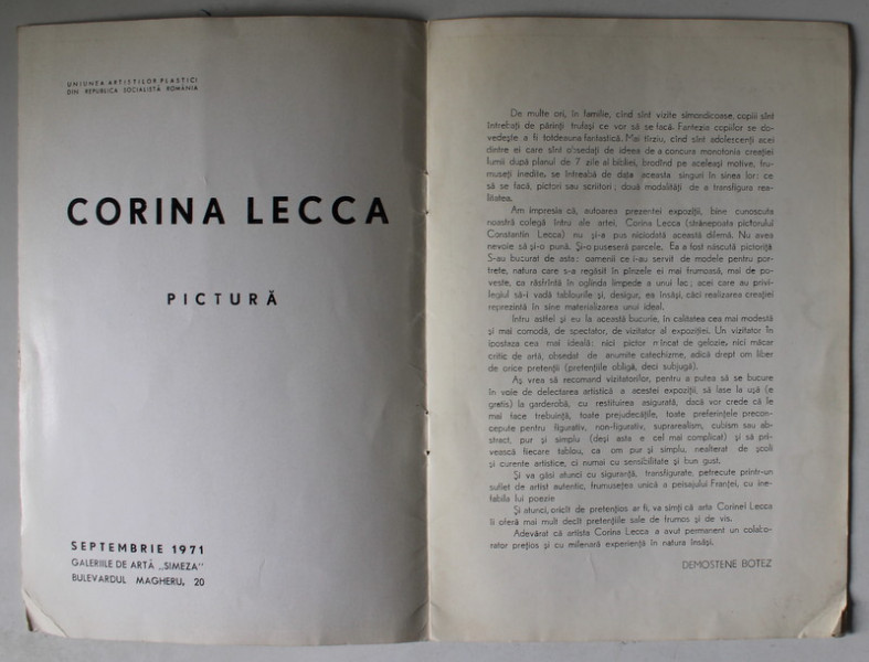 CORINA LECCA , PICTURA , CATALOG DE EXPOZITIE , 1971