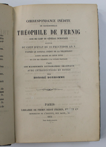 CORRESPONDANCE INEDITE DE MADMOISELLE THEOPHILE DE FERNIG , 1873