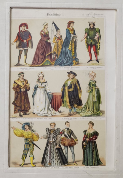 COSTUME MEDIEVALE , CROMOLITOGRAFIE , GERMANIA , SECOLUL XIX