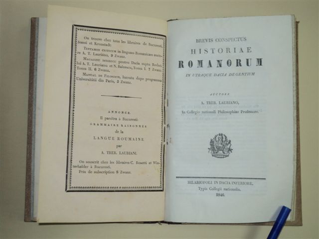COUP D'OEIL SUR L'HISTOIRE DES ROMANINS, A. TREB. LAURIANI, BUCURESTI,1846