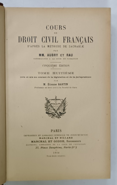 COURS DE DROIT CIVIL FRANCAIS , TOME HUITIEME par MM. AUBRY et RAU , 1916, PREZINTA URME DE UZURA