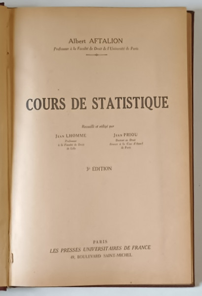COURS DE STATISTIQUE , 3e EDITION par ALBERT AFTALION