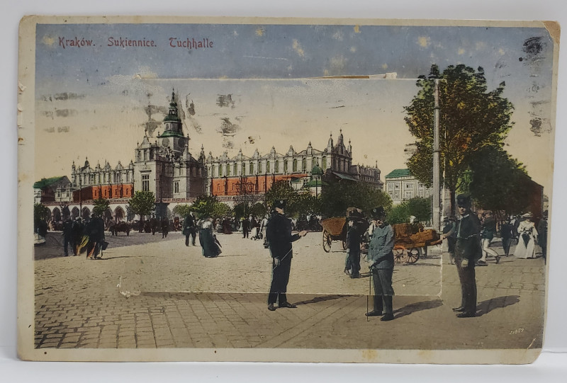 CRACOVIA , PIATA CENTRALA , CARTE POSTALA ILUSTRATA , CU INSERTIE DE FOTOGRAFII PE CENTRU , INTERBELICA