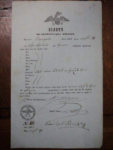 Craiova, Bilet pentru exportul vitelor eliberat negustorului Petru Negulescu, 1855