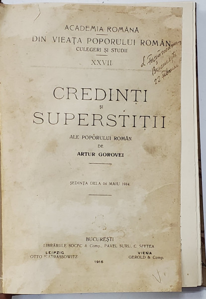 CREDINTE SI SUPERSTITII ALE POPORULUI ROMAN de ARTUR GORVEI - BUCURESTI, 1915