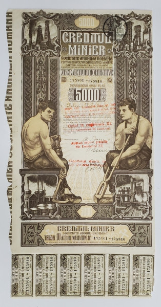 CREDITUL MINIER , CERTIFICAT CU ZECE ACTIUNI NOMINATIVE  IN VALOARE DE 5000 DE LEI , 1923