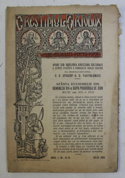 CRESTINUL ORTODOX  - FOAIE RELIGIOASA PENTRU POPOR , ANUL I , NR. 13 -14  , IULIE  1934
