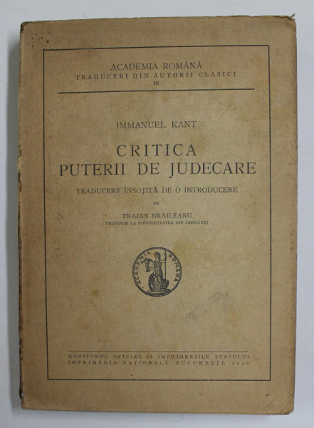 CRITICA PUTERII DE JUDECARE de IMMANUEL KANT  1940