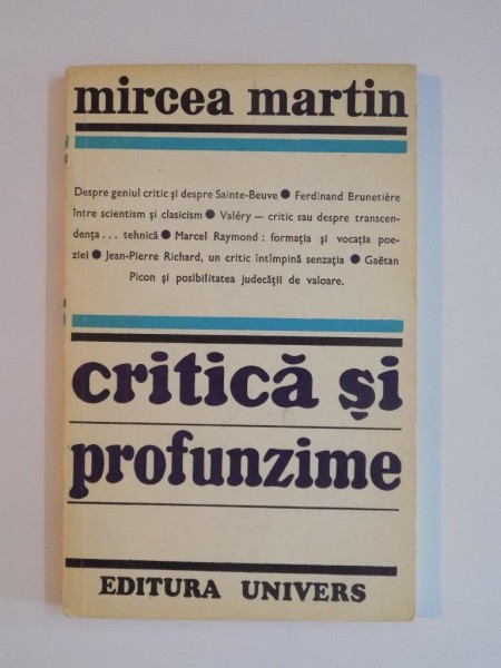 CRITICA SI PROFUNZIME de MIRCEA MARTIN , 1974 ,