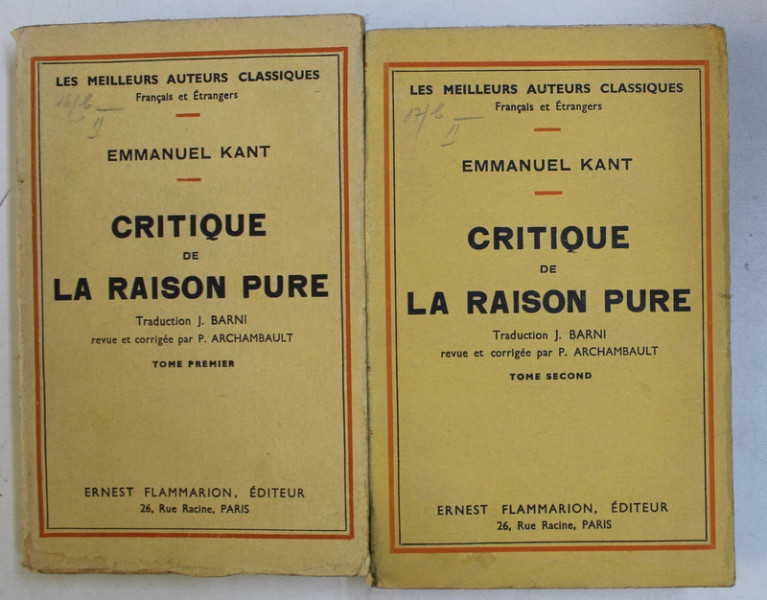 CRITIQUE DE LA RAISON PURE TOM. I - II par EMMANUEL KANT