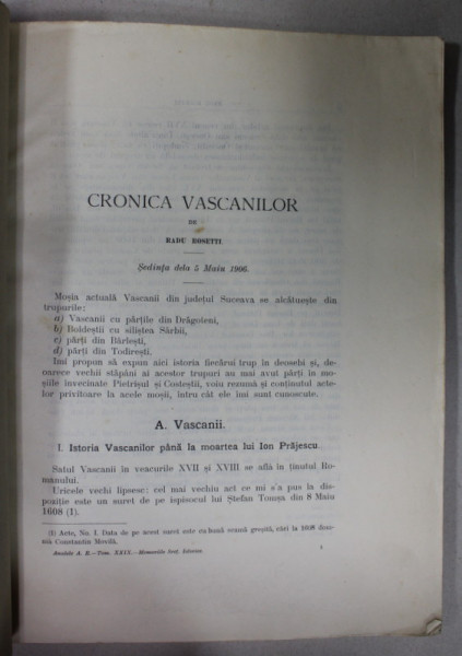 CRONICA VASCANILOR de RADU ROSETTI , SEDINTA DELA 5 MAI , 1906, COPERTA REFACUTA