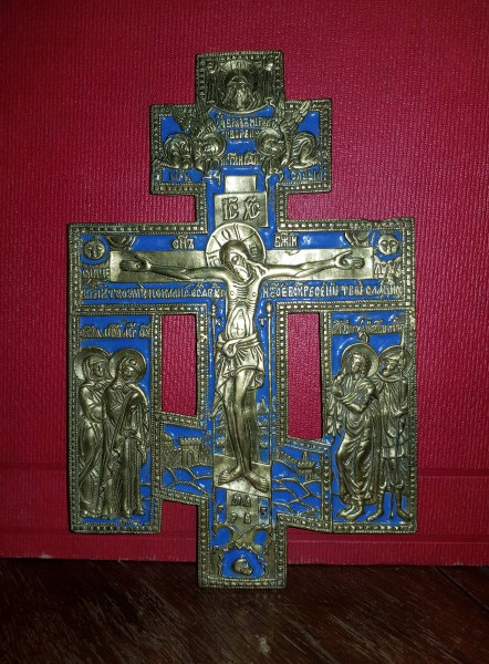 CRUCIFIX DIN BRONZ , CU EMAIL , RUSIA , SECOLUL AL XIX-LEA