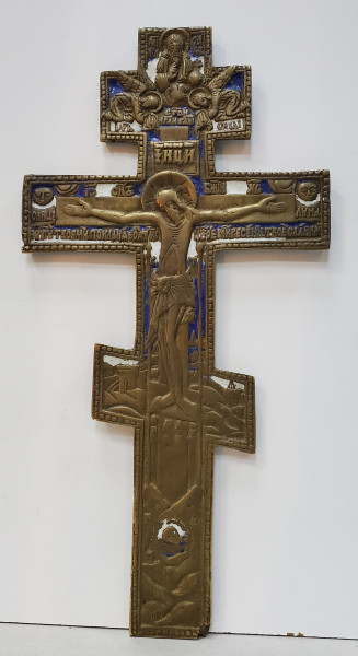 CRUCIFIX DIN BRONZ SI EMAIL POLICROM, RUSIA, SECOL 19