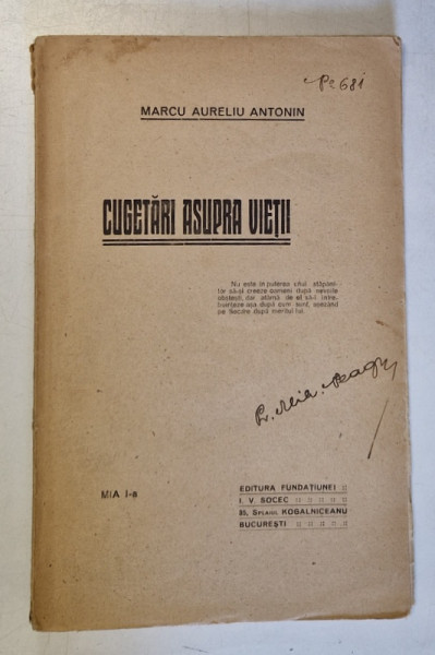 CUGETARI ASUPRA VIETII de MARCU AURELIU ANTONIN , EDITIE INTERBELICA