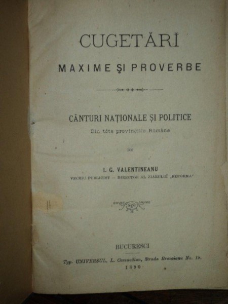 Cugetari maxime si proverbe,  I. G. Valentineanu, Bucuresti 1890