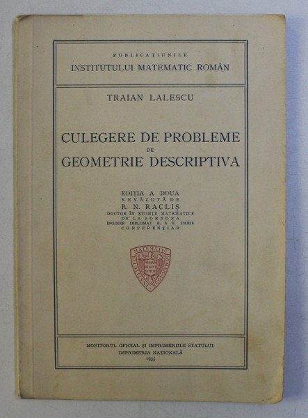 CULEGERE DE PROBLEME DE GEOMETRIE DESCRIPTIVA de TRAIAN LALESCU , 1935