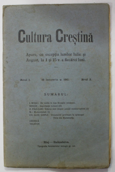 CULTURA CRESTINA , ANUL I , NR. 2 , 15 IANUARIE  , 1911