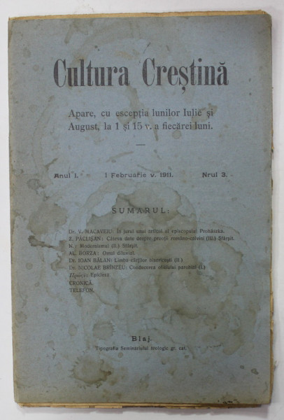 CULTURA CRESTINA , ANUL I , NR. 3 , 1 FEBRUARIE , 1911