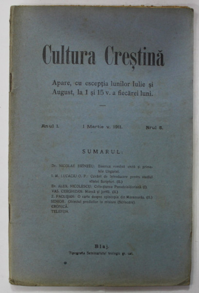 CULTURA CRESTINA , ANUL I , NR. 5 , 1 MARTIE  , 1911