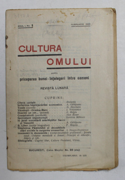 CULTURA OMULUI , REVISTA LUNARA , ANUL I , NR. 1 , FEBRUARIE 1928