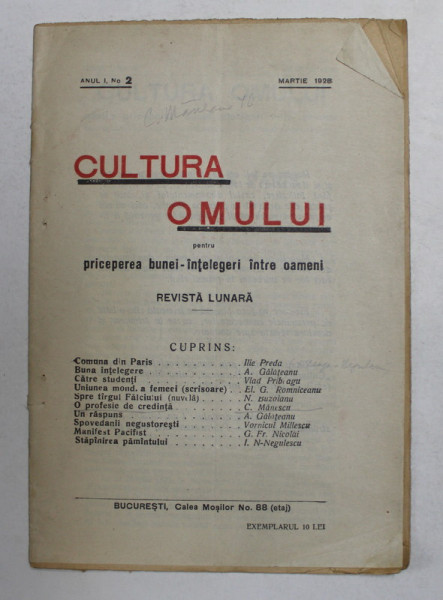CULTURA OMULUI , REVISTA LUNARA , ANUL I , NR. 2 , MARTIE ,  1928