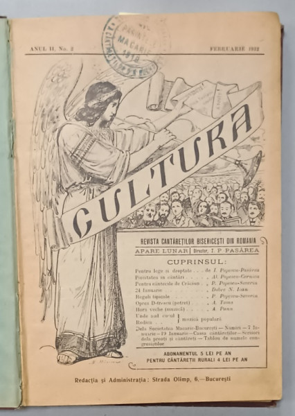 CULTURA , REVISTA CANTARETILOR BISERICESTI DIN ROMANIA , COLEGAT DE 11 NUMERE CONSECUTIVE , FEBRUARIE  -DECEMBRIE , 1912
