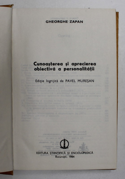CUNOASTEREA SI APRECIEREA OBIECTIVA A PERSONALITATII de GHEORGHE ZAPAN , 1984