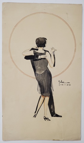 CUPLU DANSAND ( VARIANTA ) , GRAFICA IN STILUL  ART DECO , SEMNATA '' JOHN '' , 19 IANUARIE 1926
