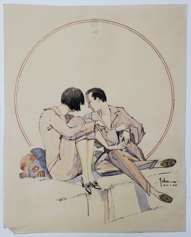 CUPLU PE CANAPEA  , GRAFICA  IN STILUL ART DECO , SEMNATA '' JOHN '' ,20  IANUARIE 1926