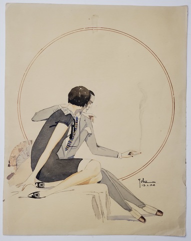 CUPLU PE CANAPEA ( VARIANTA )  , GRAFICA  IN STILUL ART DECO , SEMNATA '' JOHN '' , 13  IANUARIE 1926