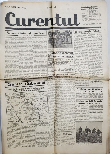 CURENTUL , ZIAR , DIRECTOR PAMFIL SEICARU , ANUL XVII , NR. 5792 , SAMBATA , 1 APRILIE , 1944