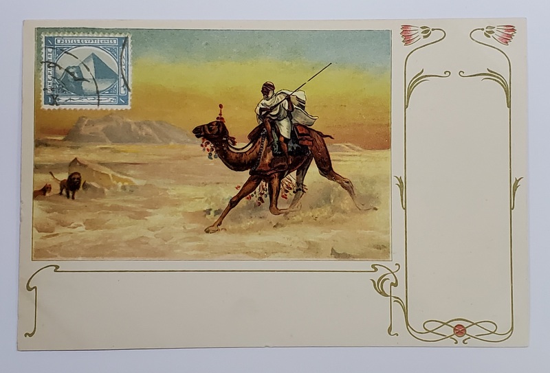 CURIER PE CAMILA IN DESERT , ATACAT DE LEI , CROMOLITOGRAFIE , DESEN , ELEMENTE ART NOUVEAU , TIP CARTE POSTALA , CLASICA