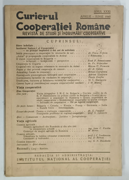 CURIERUL COOPERATIEI ROMANE , REVISTA DE STUDII SI INDRUMARI COOPERATIVE , ANUL XXXI - APRILIE - IUNIE 1940