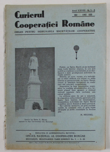 CURIERUL COPERATIEI ROMANE - ORGAN PENTRU INDRUMAREA  SOCIETATILOR COOPERATIVE , ANUL XXVIII , NR/ 5-6 , MAI - IUNIE , 1935