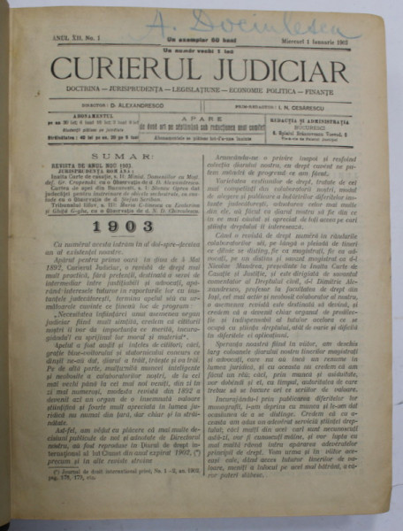 CURIERUL JUDICIAR , DOCTRINA , JURISPRUDENTA ...FINANTE , APARE DE DOUA ORI PE SAPTAMANA , COLEGAT DE 85 NUMERE  CONSECUTIVE ( LIPSA NR. 20 )  , ANUL XII , IANUARIE - DECEMBRIE , 1903