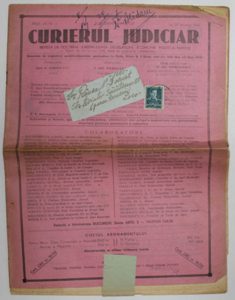 CURIERUL  JUDICIAR , REVISTA DE DOCTRINA , JURISPRUDENTA ...FINANTE , ANUL LIII , NR. 2 , JOI , 20 IANUARIE , 1944