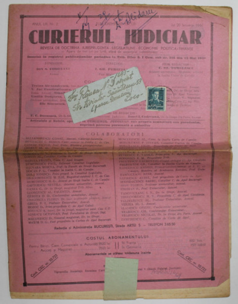 CURIERUL  JUDICIAR , REVISTA DE DOCTRINA , JURISPRUDENTA ...FINANTE , ANUL LIII , NR. 2 , JOI , 20 IANUARIE , 1944
