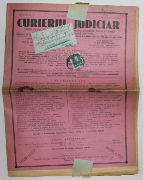 CURIERUL  JUDICIAR , REVISTA DE DOCTRINA , JURISPRUDENTA ...FINANTE , ANUL LIII , NR. 4 , JOI , 10  FEBRUARIE , 1944