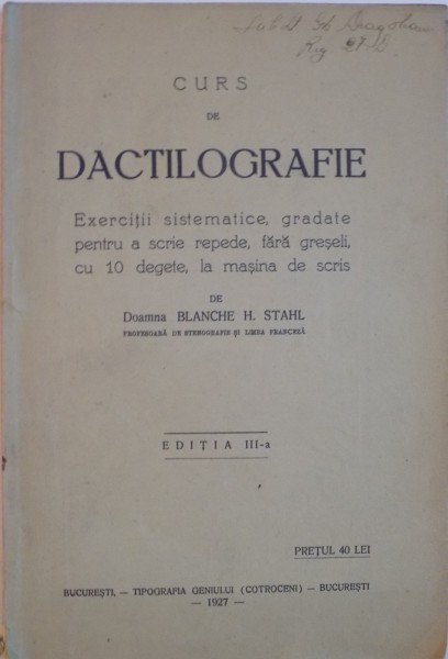 CURS DE DACTILOGRAFIE de DOAMNA BLANCHE H. STAHL, 1927