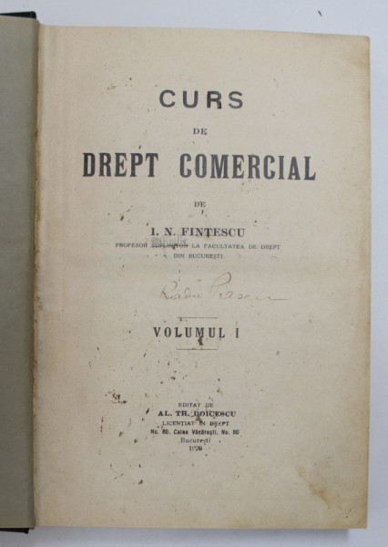 CURS DE DREPT COMERCIAL de I.N. FINTESCU, VOLUMUL I - 1929