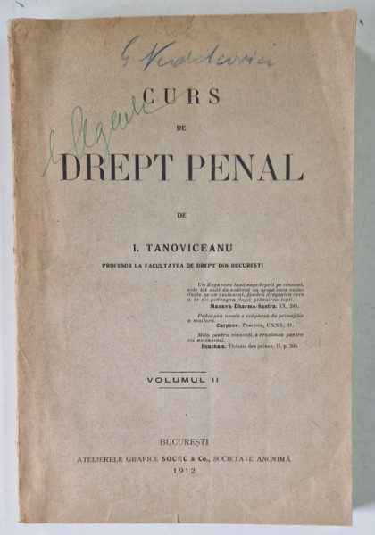 CURS DE DREPT PENAL de I. TANOVICEANU , VOLUMUL II , 1912