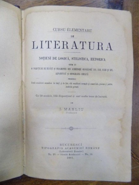 Curs elementar de literatura, Bucuresti 1881