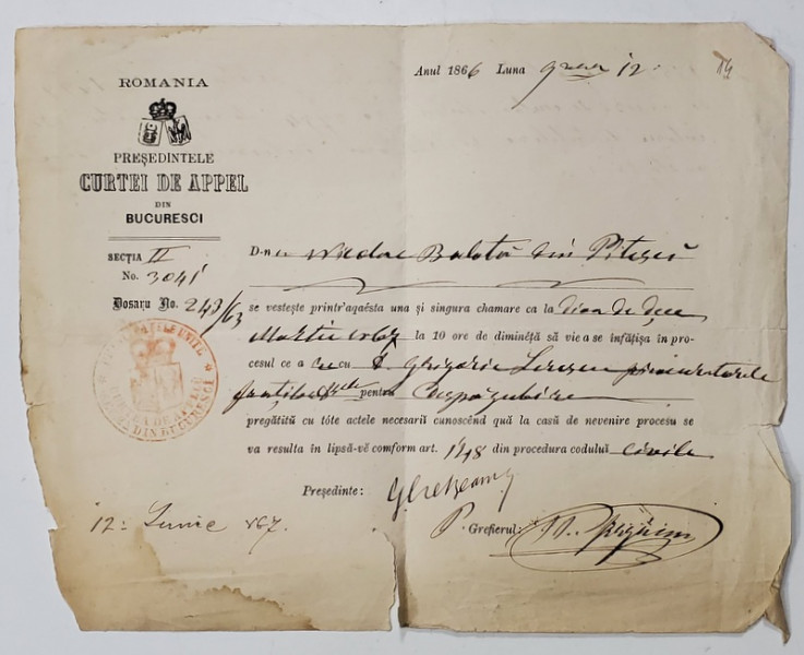CURTEA DE APEL BUCURESTI , INSTIINTARE DE PREZENTARE LA TRIBUNAL , 1866